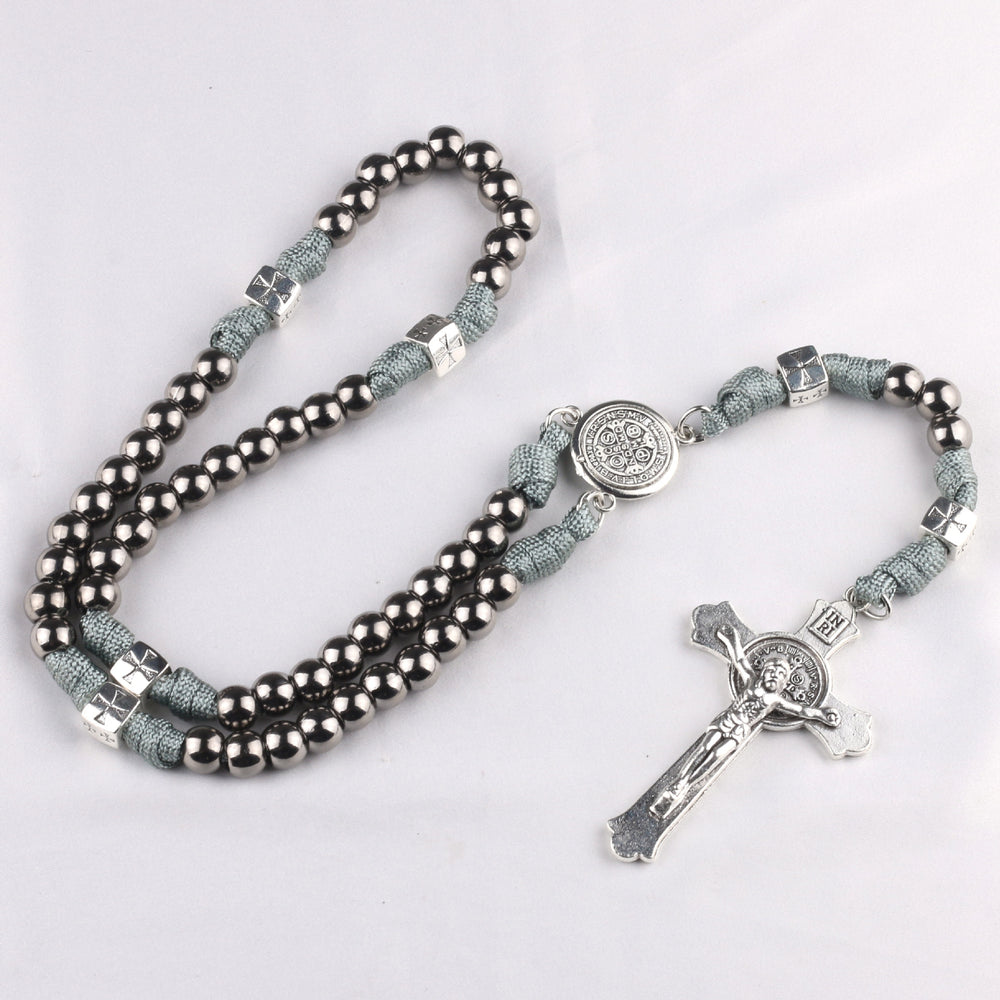 Miraculous Medal & Crucifix, Round Black Gallstone Nylon Cord Rosary
