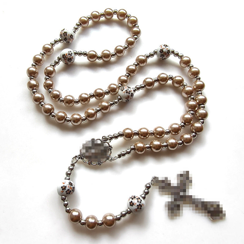 Miraculous Medal & Crucifix, Round Multicolor Pearl Nylon Cord Rosary