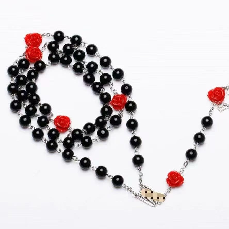 Madonna in Profile & Crucifix, Rose Round Multicolor Pearl Alloy Chain Rosary (8 Colors)