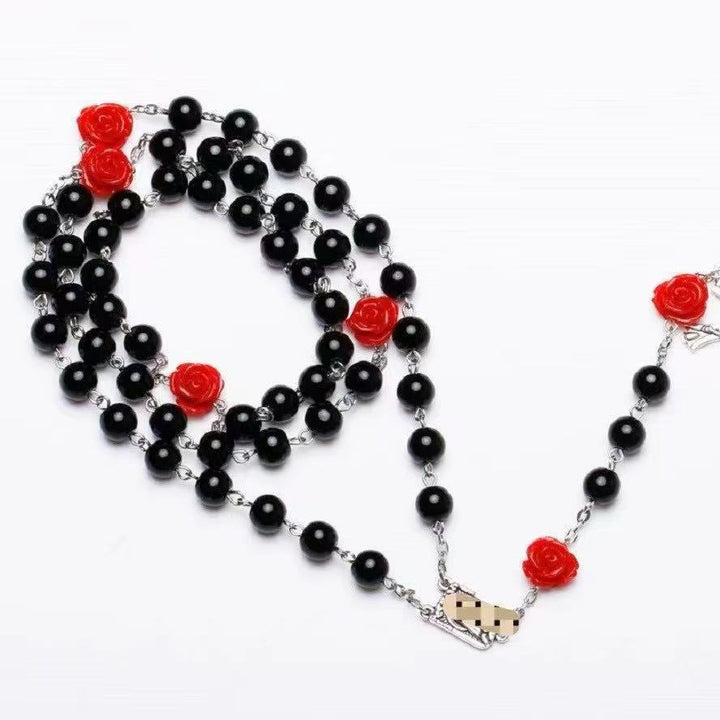 Madonna in Profile & Crucifix, Rose Round Multicolor Pearl Alloy Chain Rosary (8 Colors)