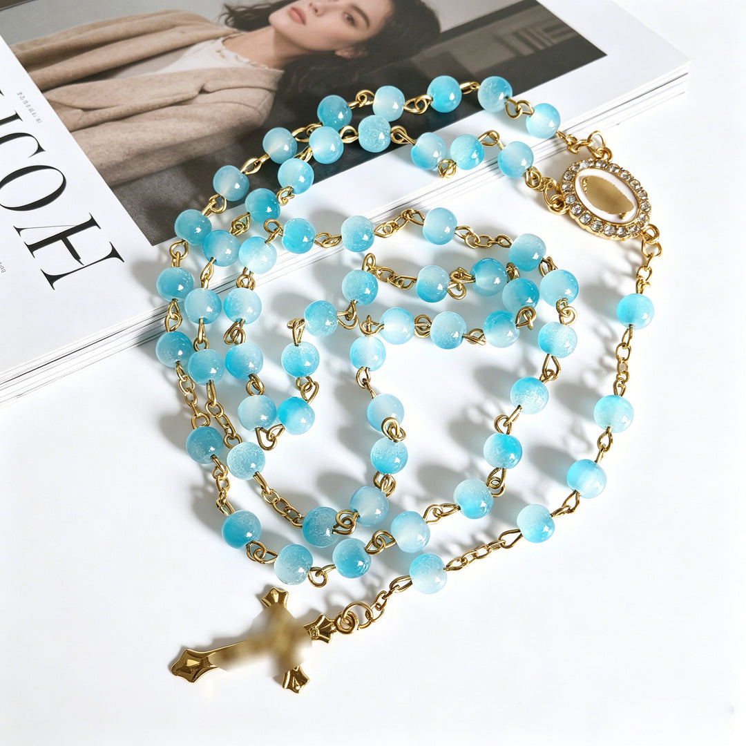 Our Lady of Guadalupe & Crucifix, Blue Aquamarine Chalcedony Beads Rosary