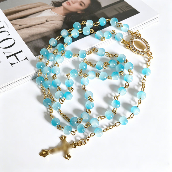 Our Lady of Guadalupe & Crucifix, Blue Aquamarine Chalcedony Beads Rosary