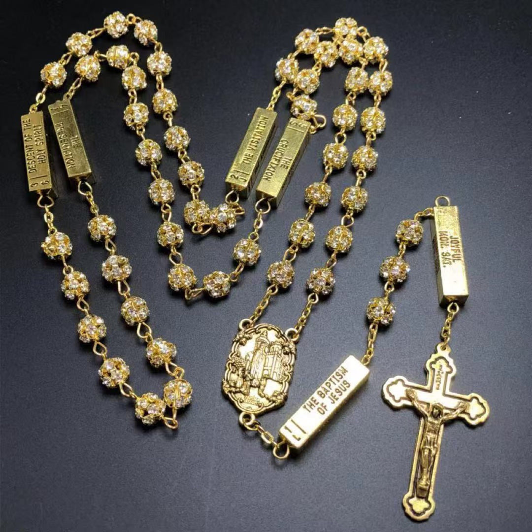 Our Lady of Fatima & Crucifix, Round Golden Metal Gems Alloy Chain Rosary