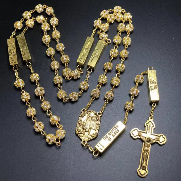 Our Lady of Fatima & Crucifix, Round Golden Metal Gems Alloy Chain Rosary