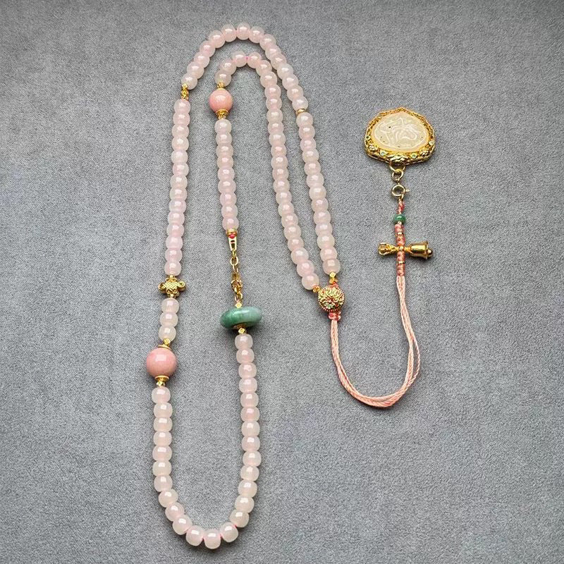 Handmade Pink Chalcedony & Porcelain Golden Sand Our Father Beads Rosary
