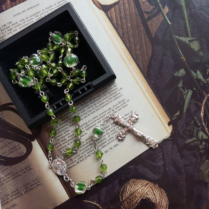 St. Benedict Medal & Trinity Cross, Green Floral Ball Prayer Beads Rosary