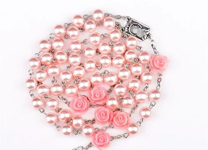 Madonna in Profile & Crucifix, Rose Round Multicolor Pearl Alloy Chain Rosary (8 Colors)