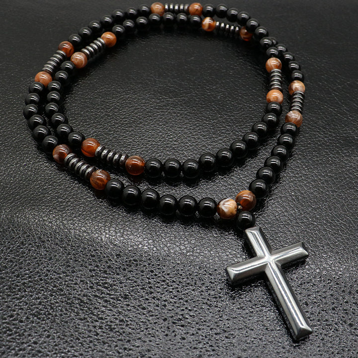 Agate & Tiger's Eye Stone Cross Catholic Rosary
