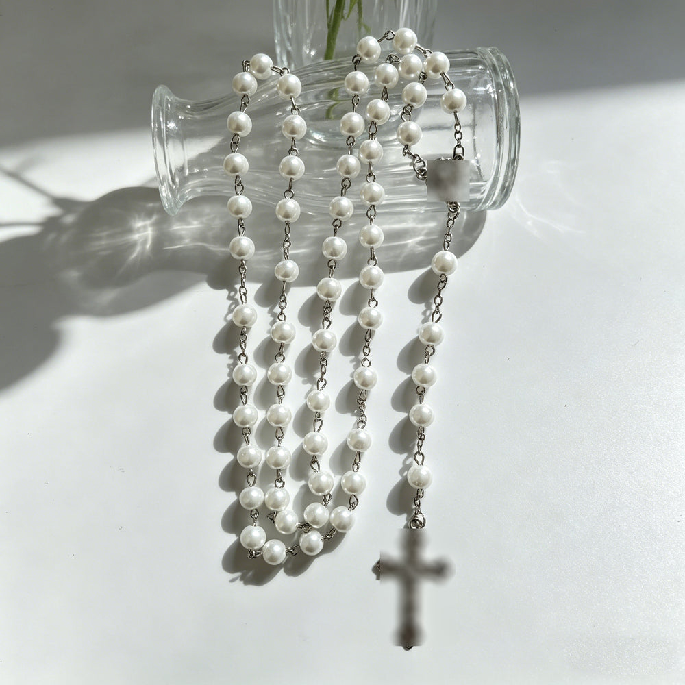 Miraculous Medal & Crucifix, White Pearl Ball Prayer Beads Rosary