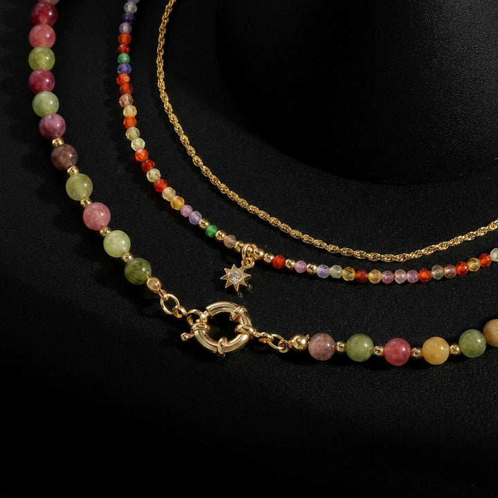 Colorful Tourmaline Beads Rosary with Square Divine Mercy & Golden Crucifix