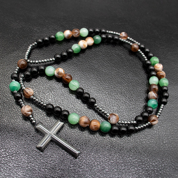 Agate & Tiger's Eye Stone Cross Catholic Rosary