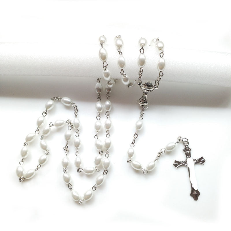 Holy Grail & Crucifix, Oval White Pearl Alloy Chain Rosary
