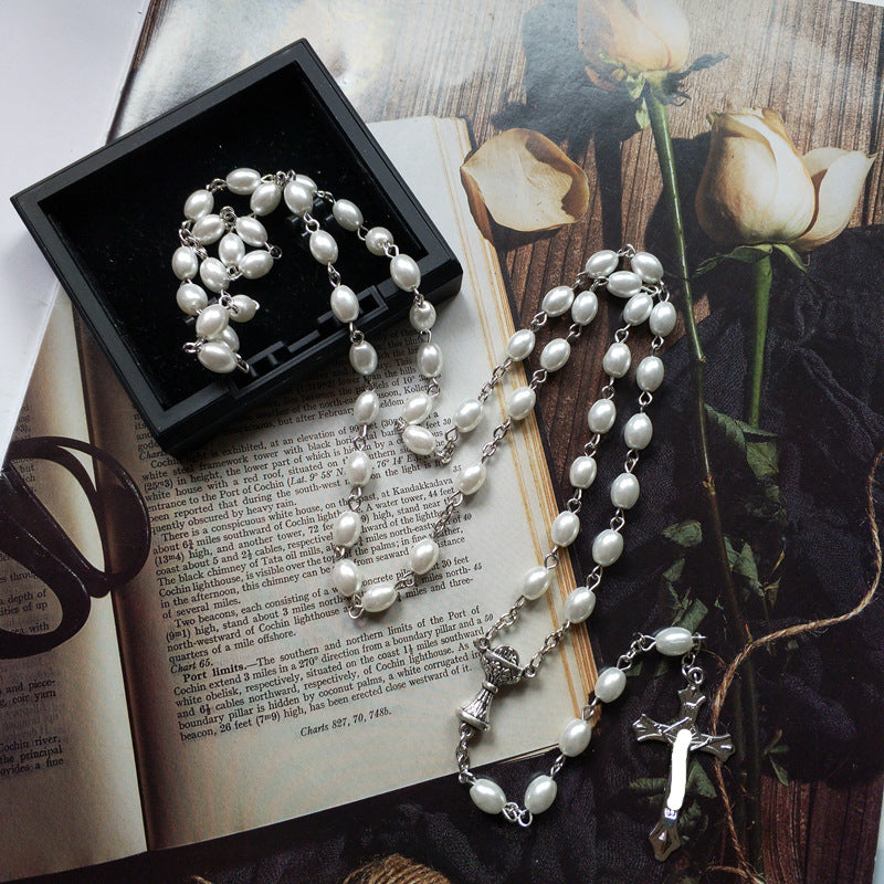 Holy Grail & Crucifix, Oval White Pearl Alloy Chain Rosary