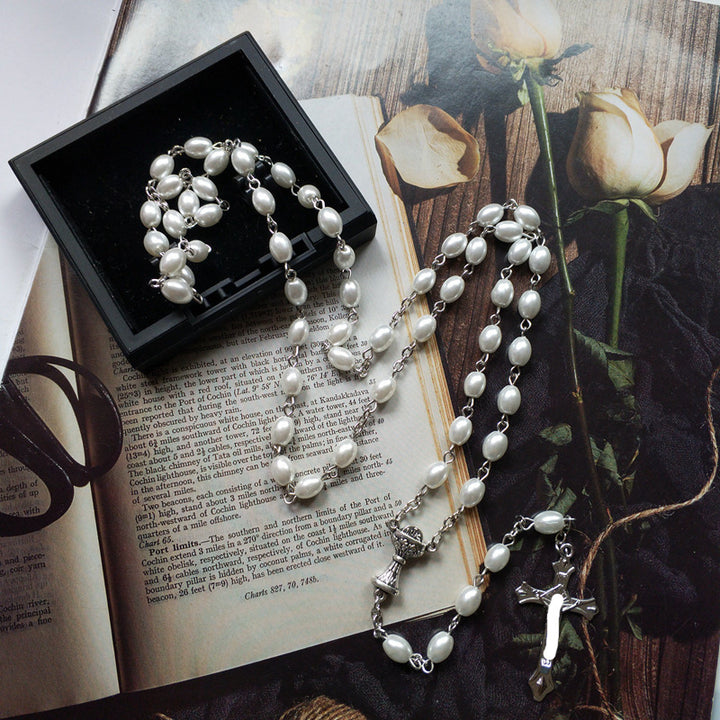 Holy Grail & Crucifix, Oval White Pearl Alloy Chain Rosary