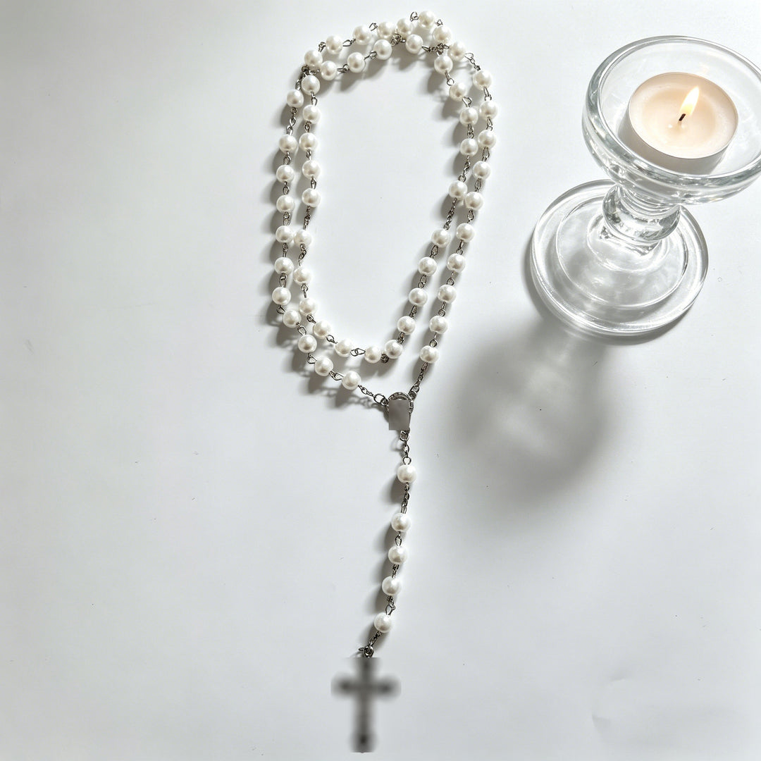 Miraculous Medal & Crucifix, White Pearl Ball Prayer Beads Rosary