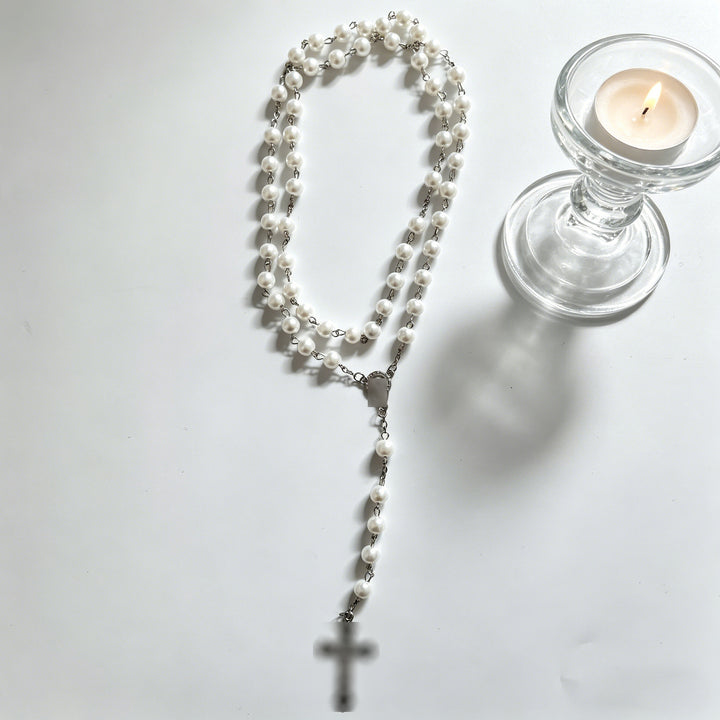 Miraculous Medal & Crucifix, White Pearl Ball Prayer Beads Rosary