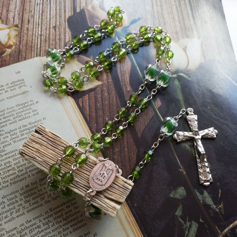 St. Benedict Medal & Trinity Cross, Green Floral Ball Prayer Beads Rosary