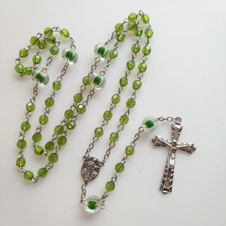 St. Benedict Medal & Trinity Cross, Green Floral Ball Prayer Beads Rosary
