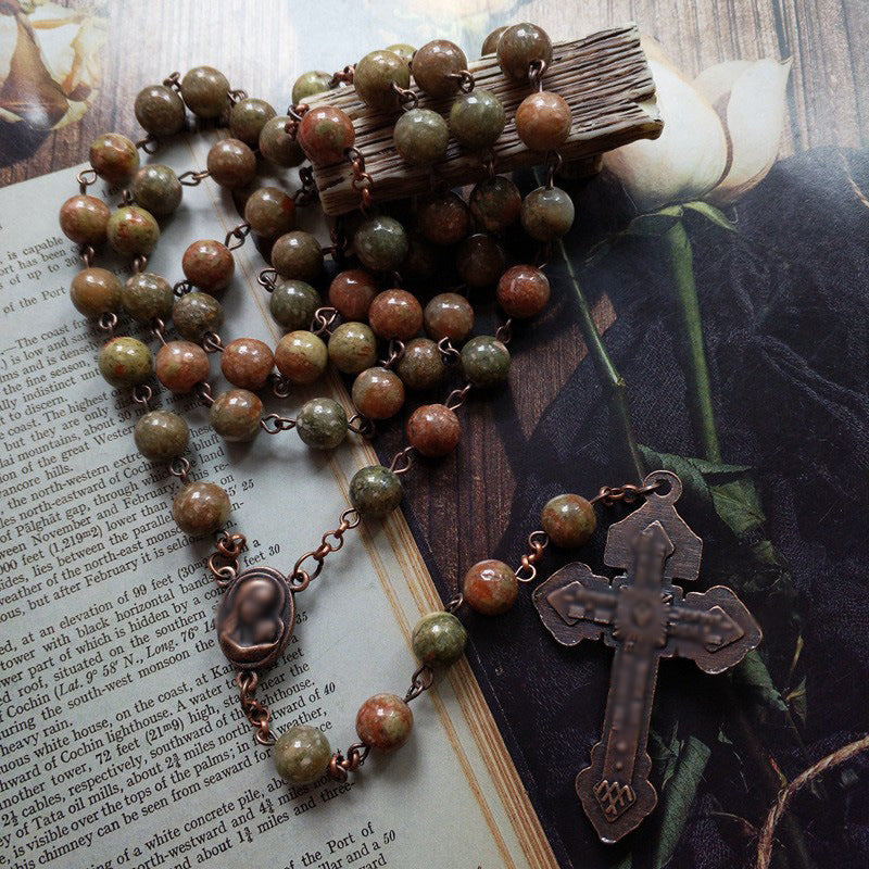 Retro Style Miraculous Medal & Crucifix, Matte African Turquoise Rosary