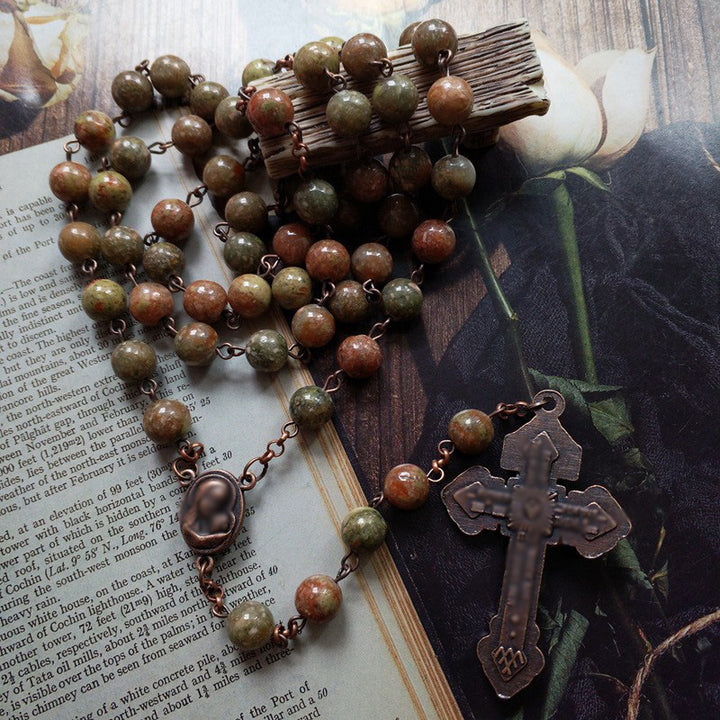 Retro Style Miraculous Medal & Crucifix, Matte African Turquoise Rosary