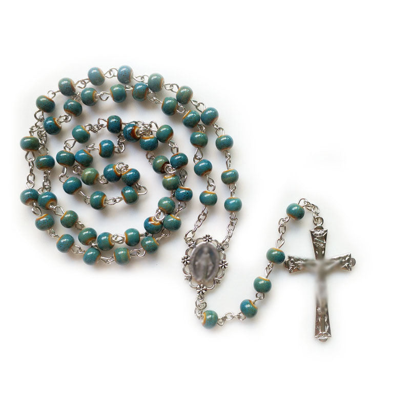 Handcrafted Turquoise Rosary with Miraculous Medal & Amber Beads