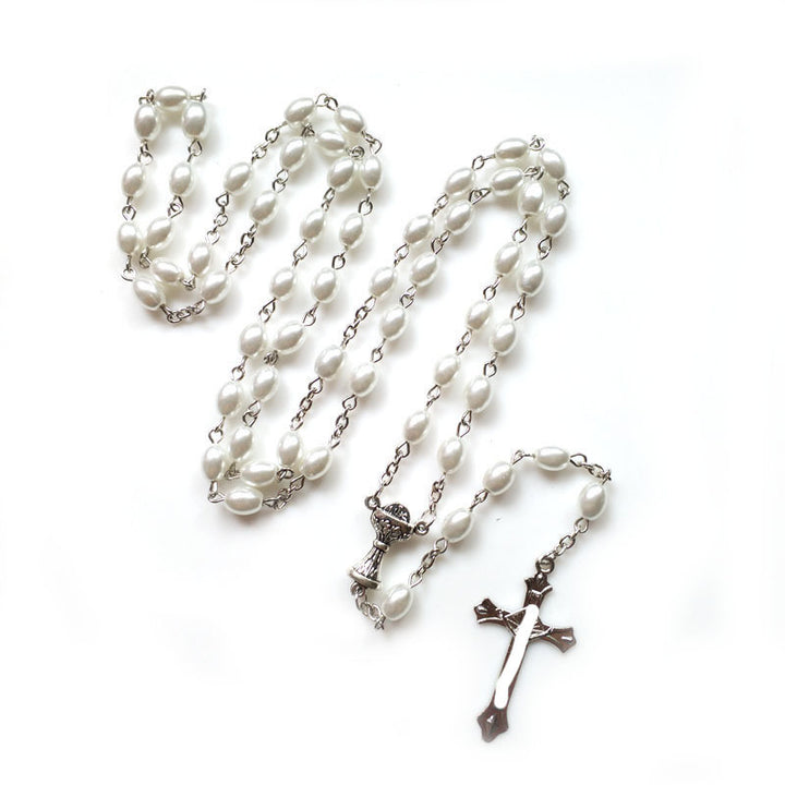 Holy Grail & Crucifix, Oval White Pearl Alloy Chain Rosary