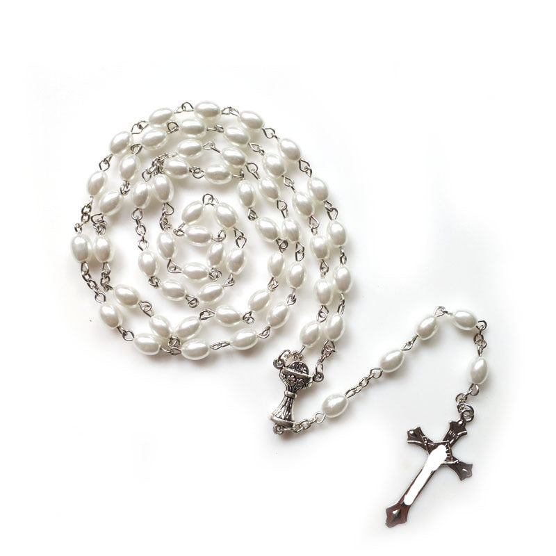 Holy Grail & Crucifix, Oval White Pearl Alloy Chain Rosary