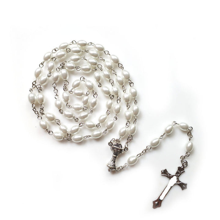 Holy Grail & Crucifix, Oval White Pearl Alloy Chain Rosary