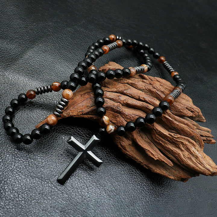 Agate & Tiger's Eye Stone Cross Catholic Rosary