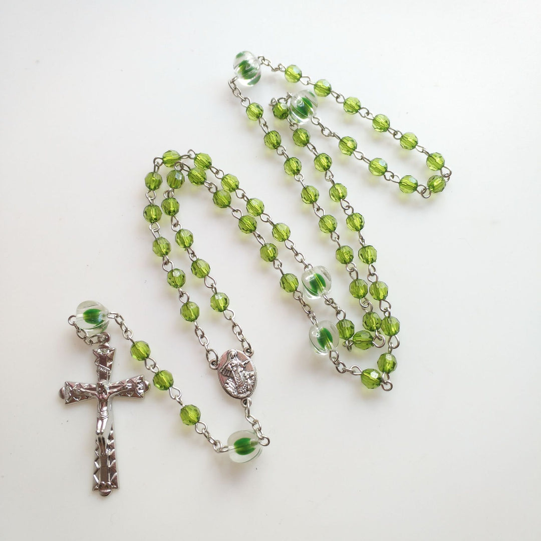 St. Benedict Medal & Trinity Cross, Green Floral Ball Prayer Beads Rosary