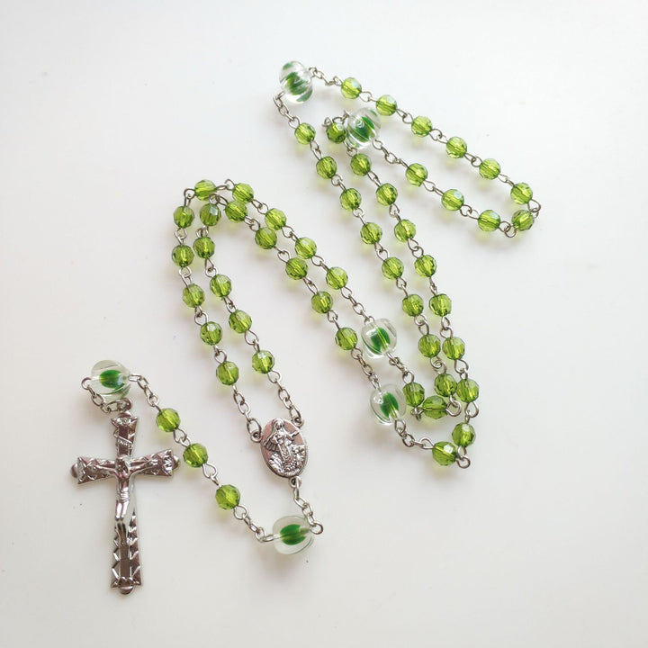 St. Benedict Medal & Trinity Cross, Green Floral Ball Prayer Beads Rosary