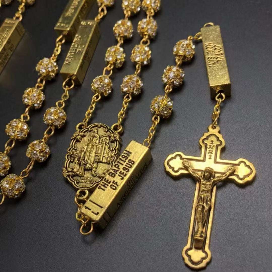 Our Lady of Fatima & Crucifix, Round Golden Metal Gems Alloy Chain Rosary