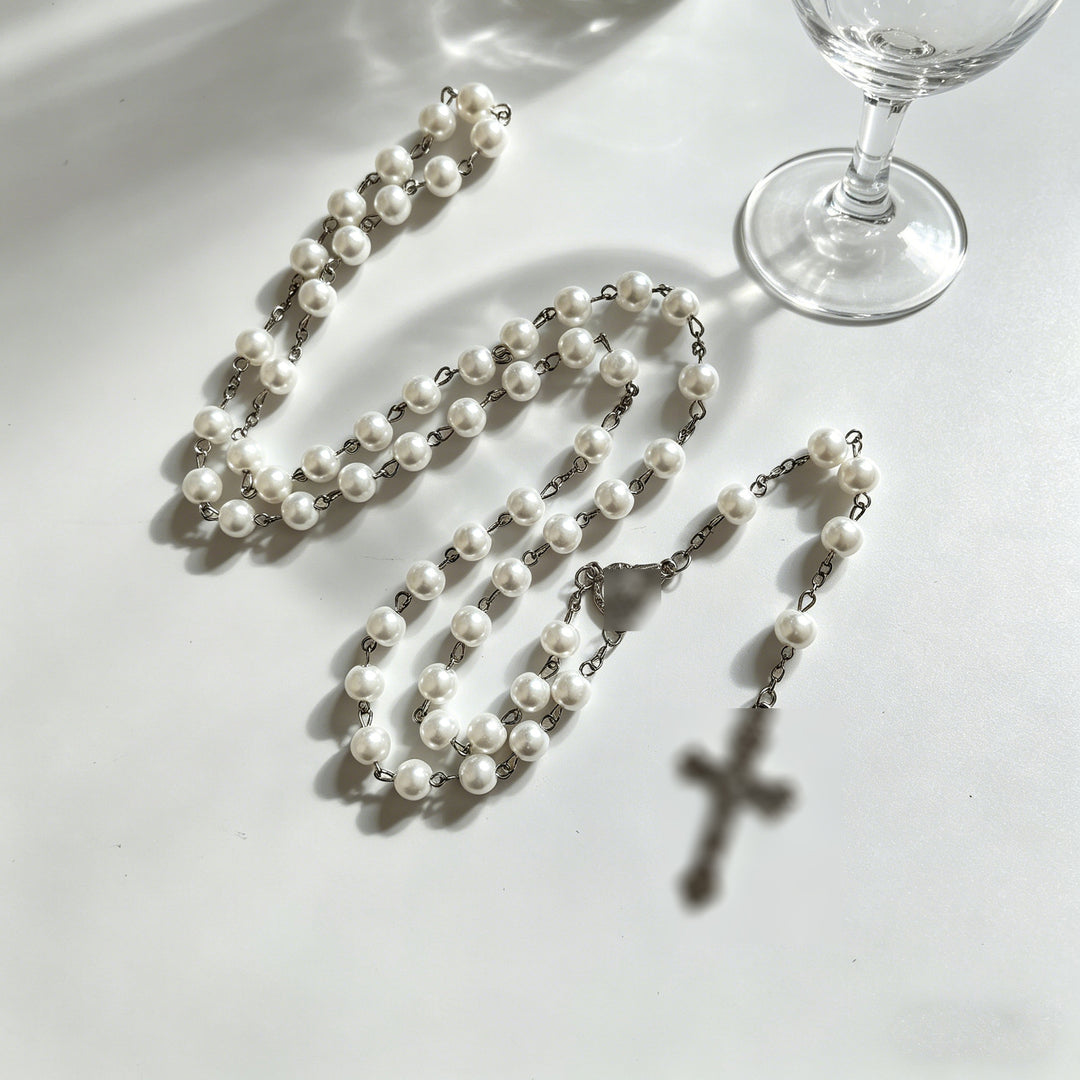 Miraculous Medal & Crucifix, White Pearl Ball Prayer Beads Rosary