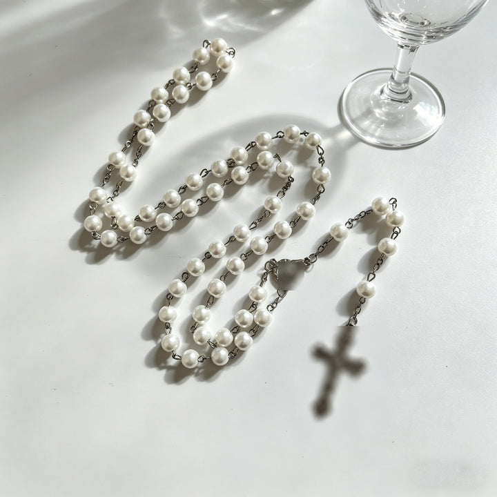 Miraculous Medal & Crucifix, White Pearl Ball Prayer Beads Rosary