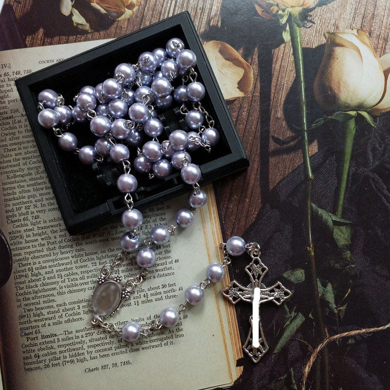 Purple Pearl Rosary Christian Necklace