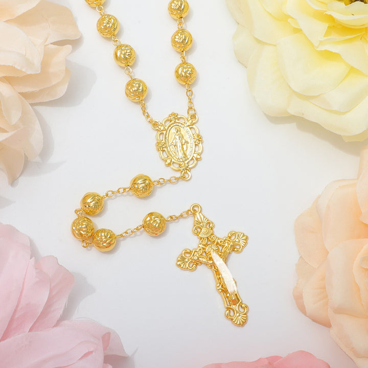 Engraved Rose Bead Our Lady Rosary with Crucifix