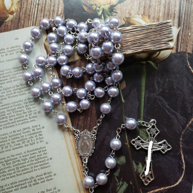 Purple Pearl Rosary Christian Necklace