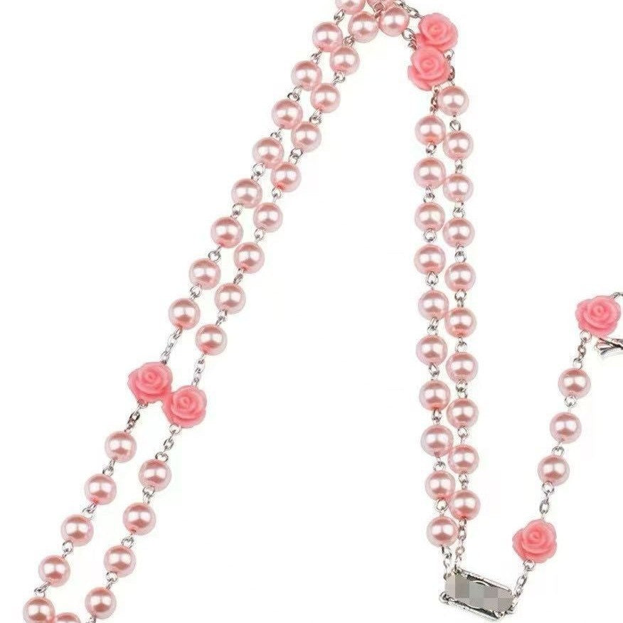 Madonna in Profile & Crucifix, Rose Round Multicolor Pearl Alloy Chain Rosary (8 Colors)