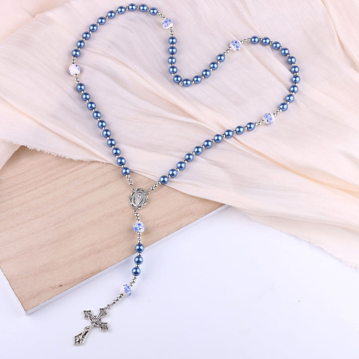 Sky Blue Pearl Our Lady Rosary with Jeweled Golden Crucifix