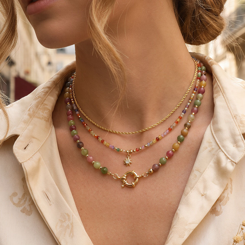 Colorful Tourmaline Beads Rosary with Square Divine Mercy & Golden Crucifix