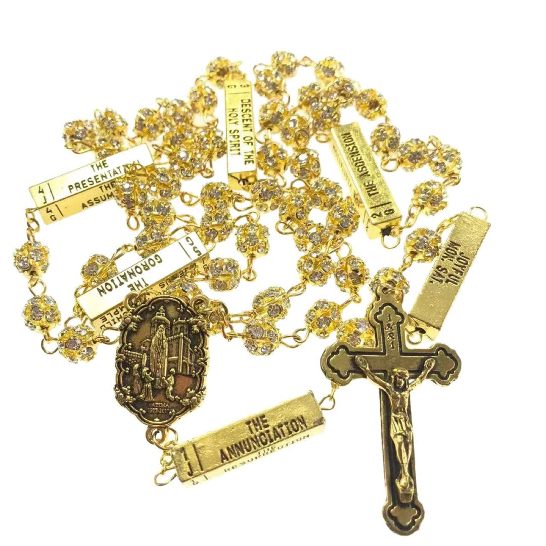 Our Lady of Fatima & Crucifix, Round Golden Metal Gems Alloy Chain Rosary