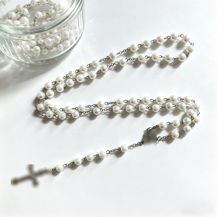 Miraculous Medal & Crucifix, White Pearl Ball Prayer Beads Rosary