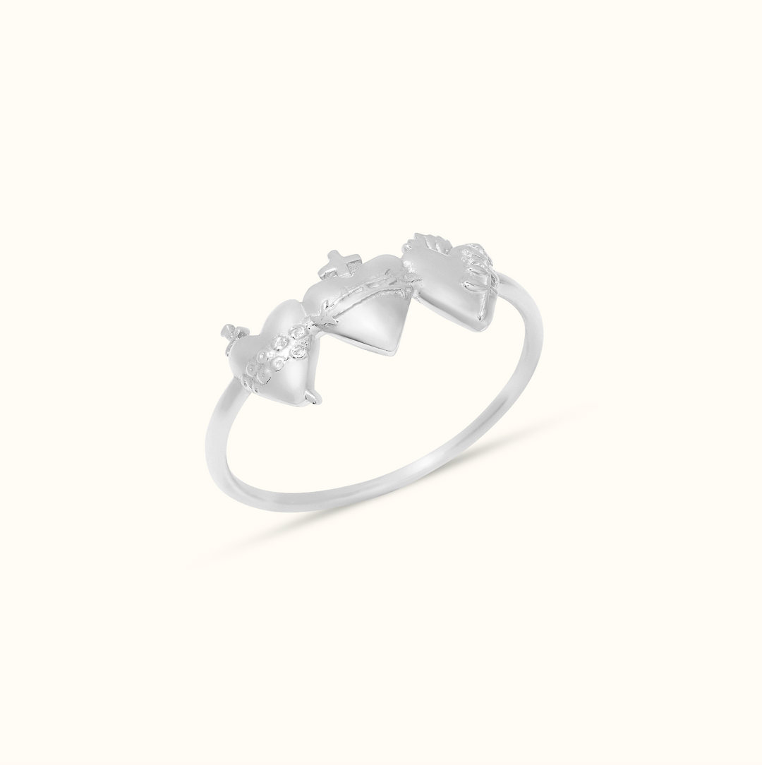 Sacred Hearts of the Holy Family Ring in Sterling Silver