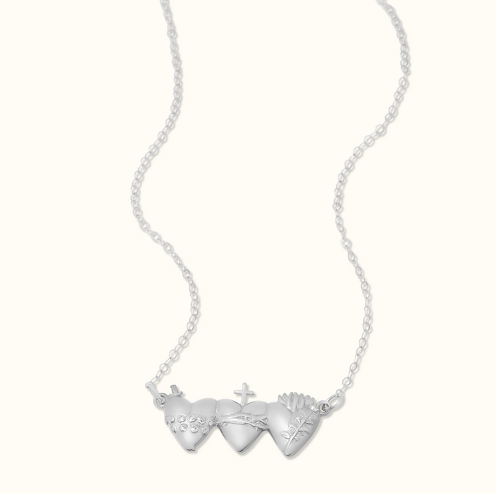 Sacred Hearts of the Holy Family Necklace in Sterling Silver