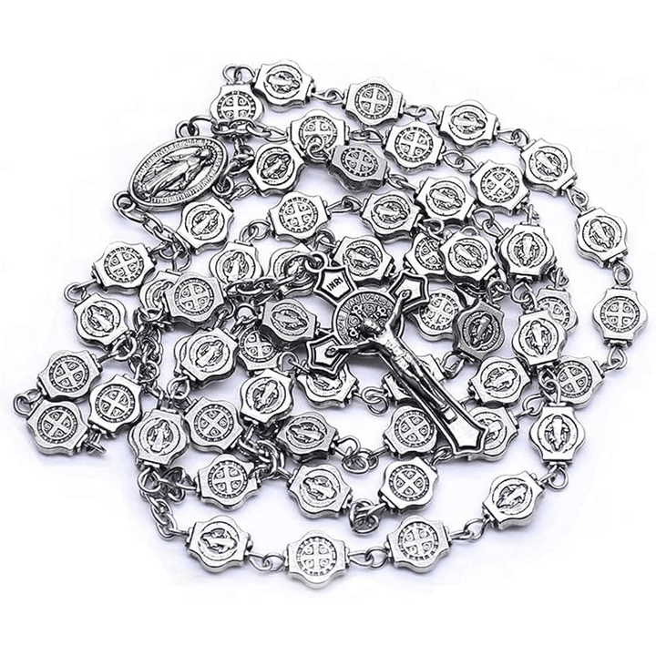 St. Benedict Medal & Crucifix, Polyhedron Silver Metal Alloy Chain Rosary