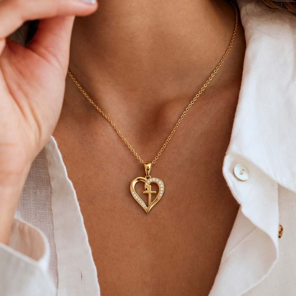 Crystal Heart Cross Necklace