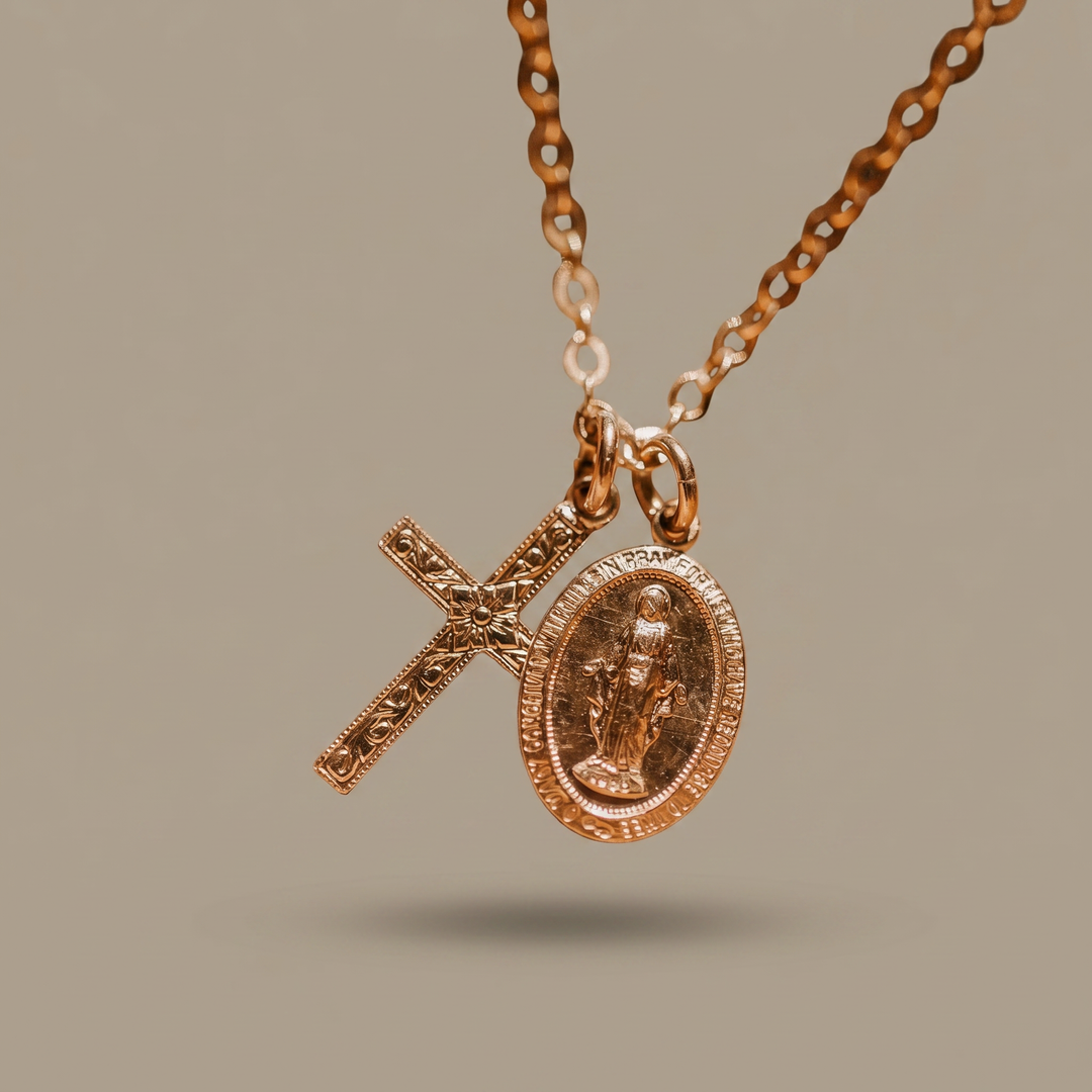 Floral Cross & Miraculous Medal Necklace