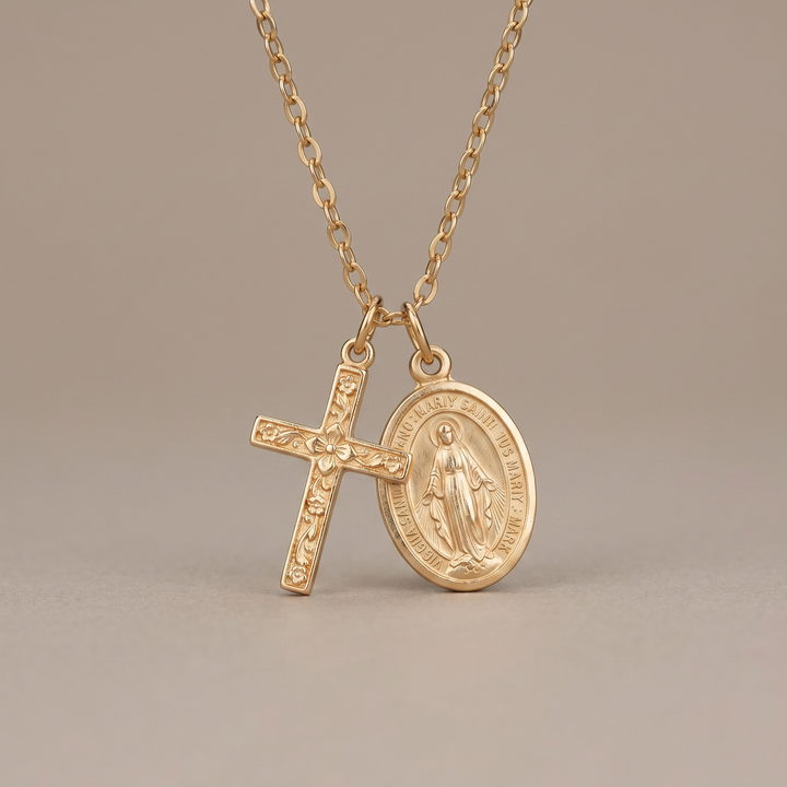 Floral Cross & Saint Necklace
