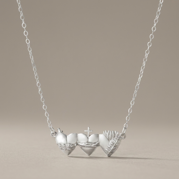 Sacred Hearts of the Holy Family Necklace in Sterling Silver greige