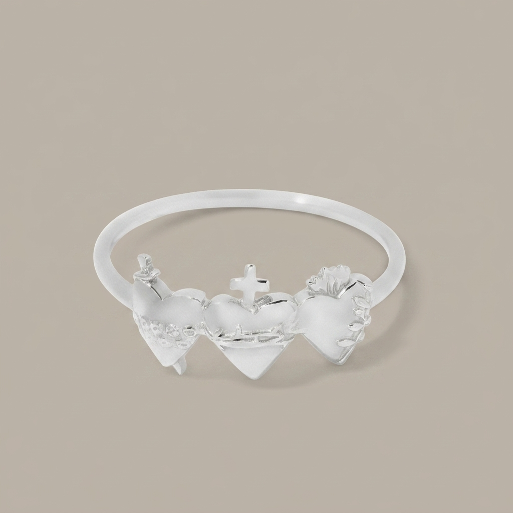 Sacred Hearts of the Holy Family Ring in Sterling Silver greige